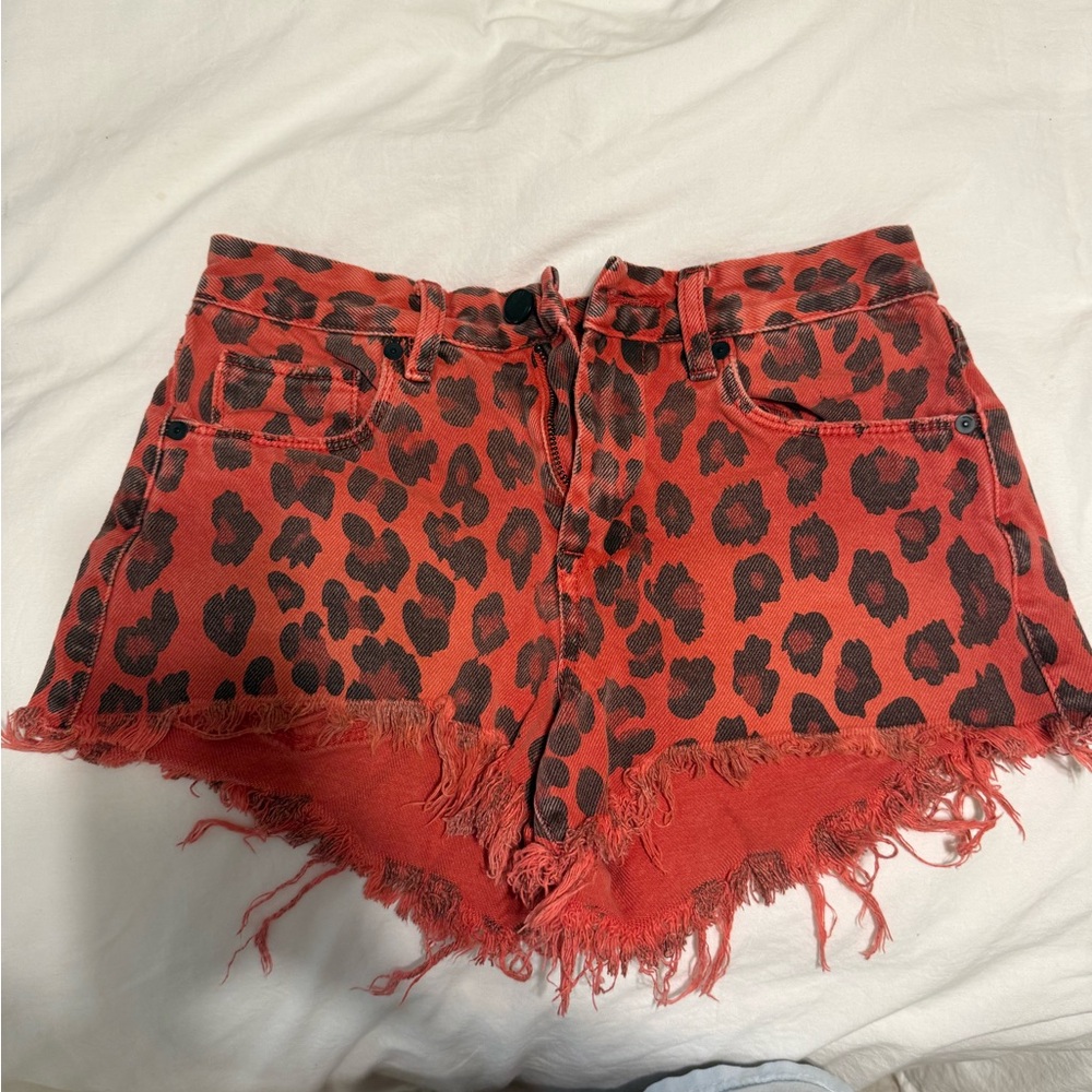Leopard Print Red Denim Shorts
